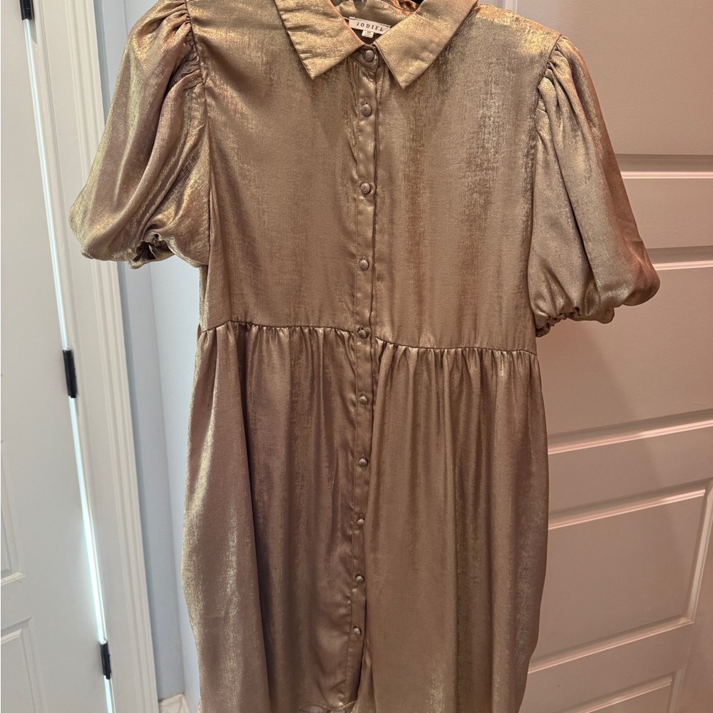 JODIFL Metallic Gold Mini Dress with Puff Sleeves